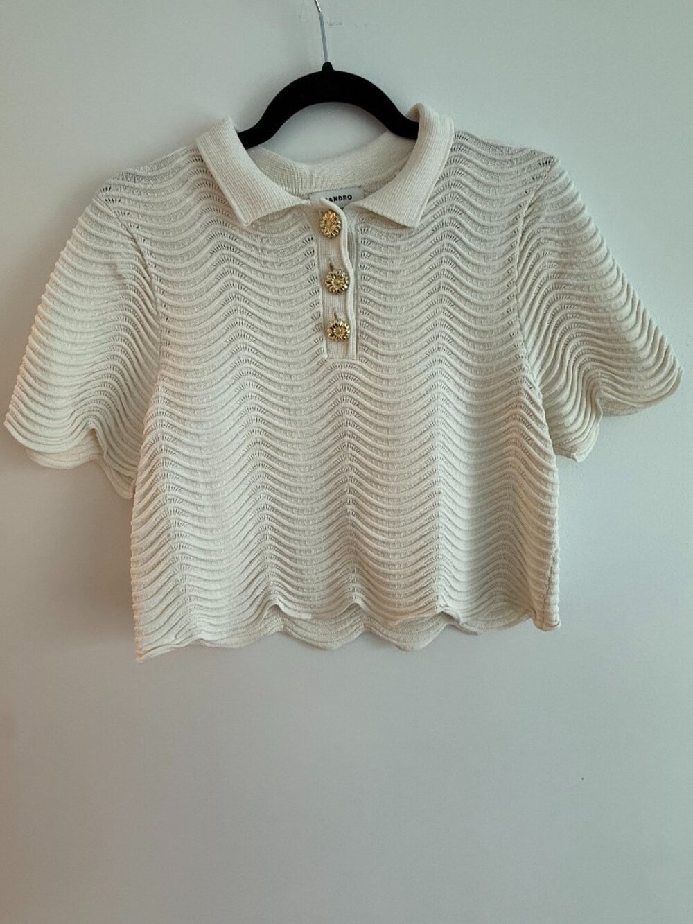 Sandro Paris Cream Textured Knit Polo Top Gold Button Detail